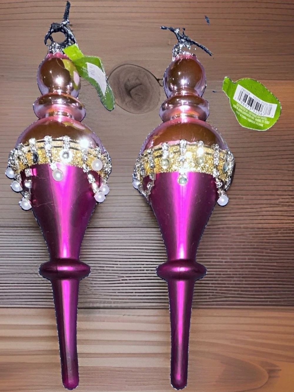 Luxury Plum & Blush Pink Glass Finial Ornaments W/ Pearls Glitter Set of 2